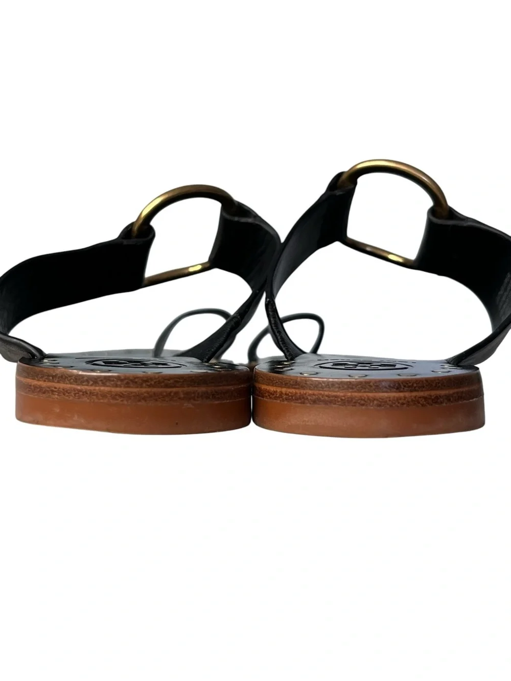 Tory Burch Ravello Black Leather Toe Ring Gold-Tone Studded Sandals Sz 8
